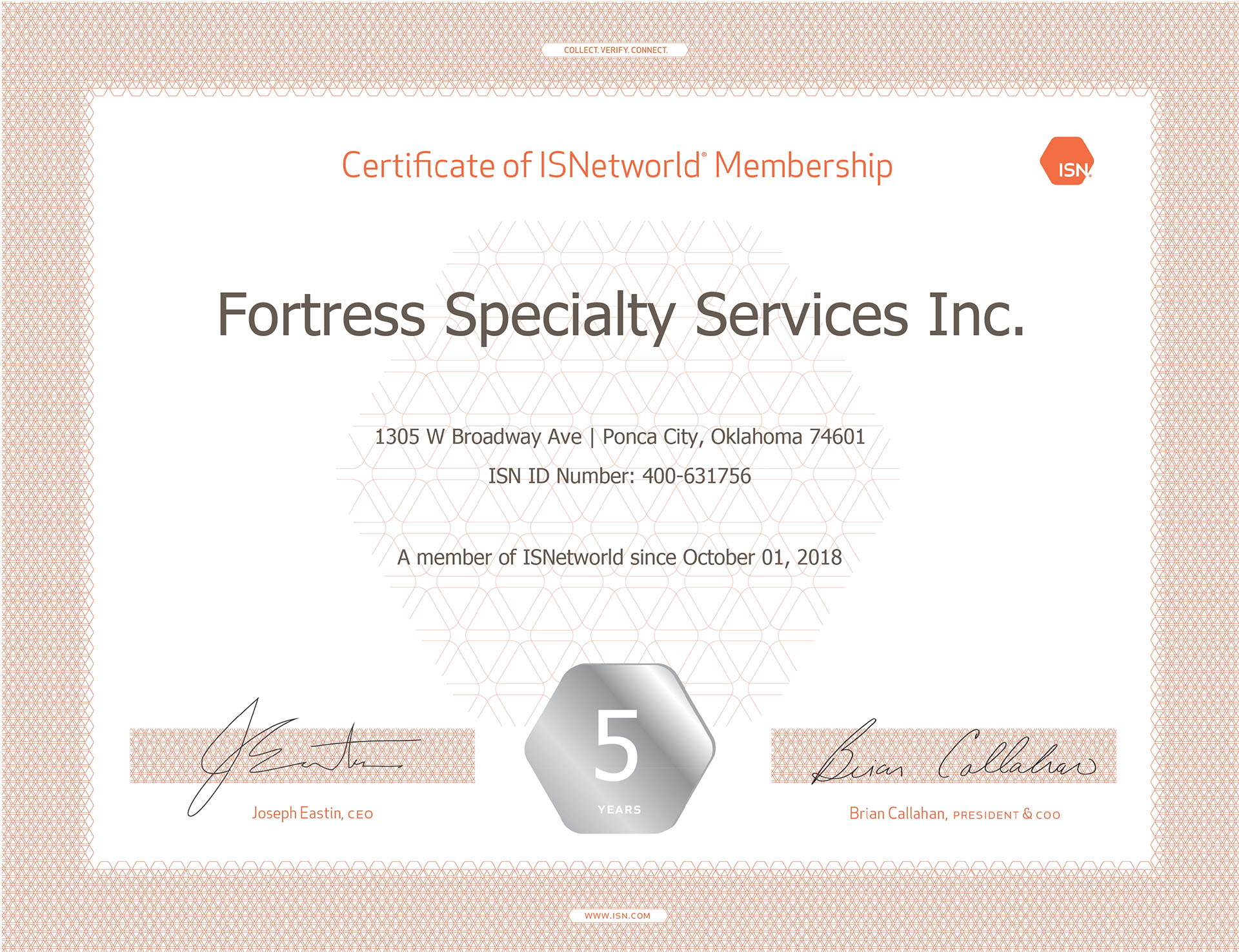 ISN Membership Certificate 5 years"