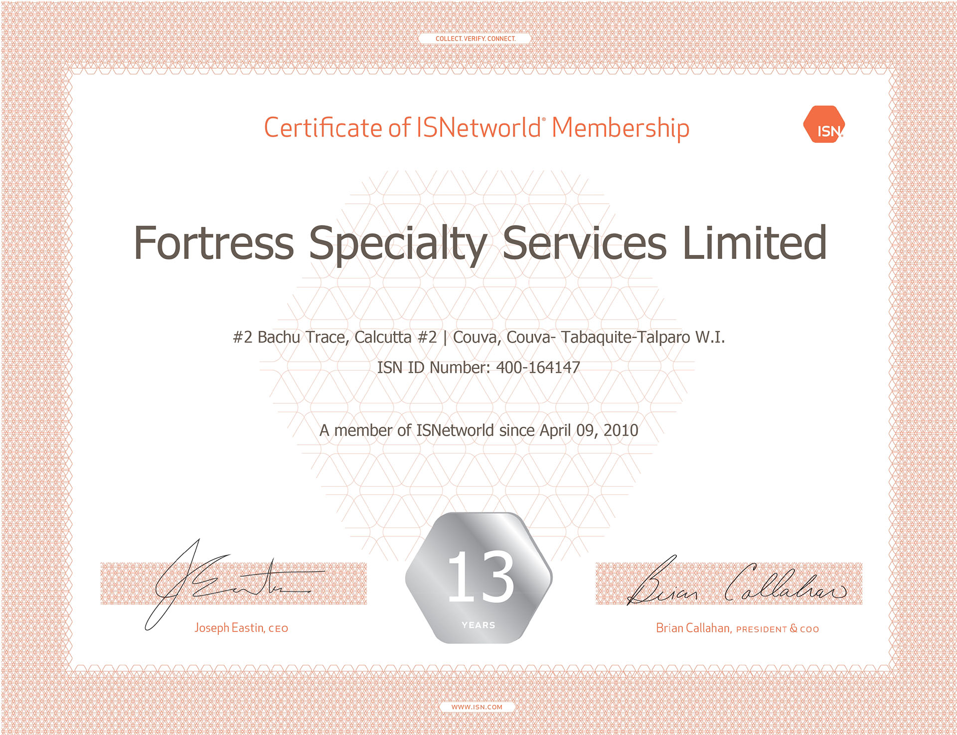 Trinidad ISN Membership Certificate"